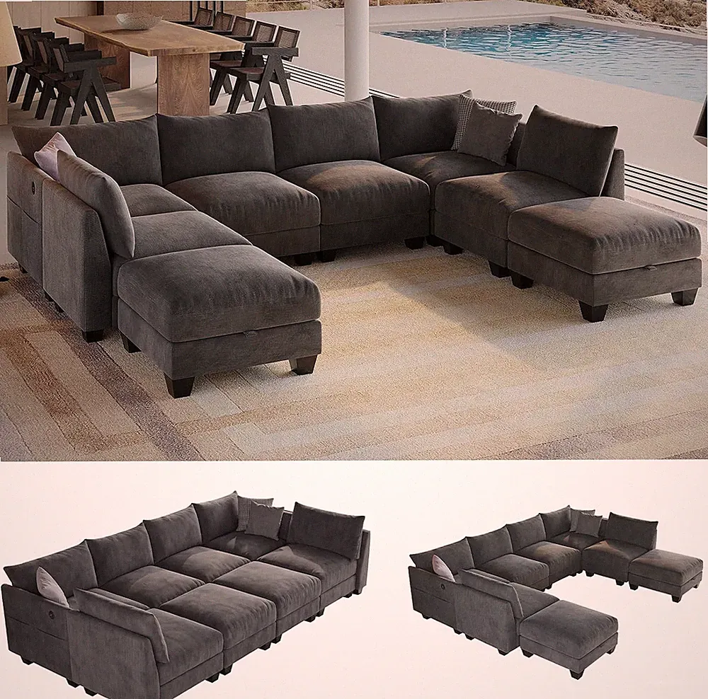 124" Sectional Couches for Living Room,U-Shaped Sofa, Grey