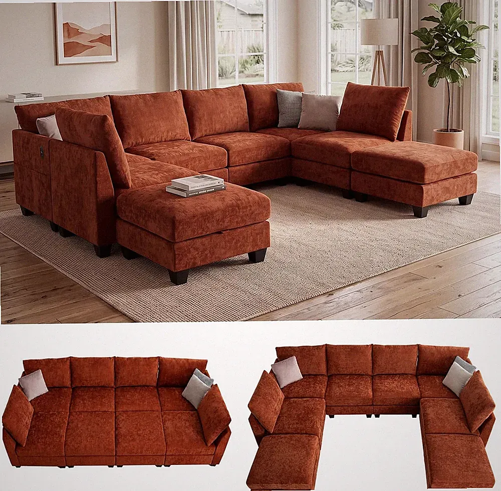 124" Sectional Couches for Living Room,U-Shaped Sofa, Orange