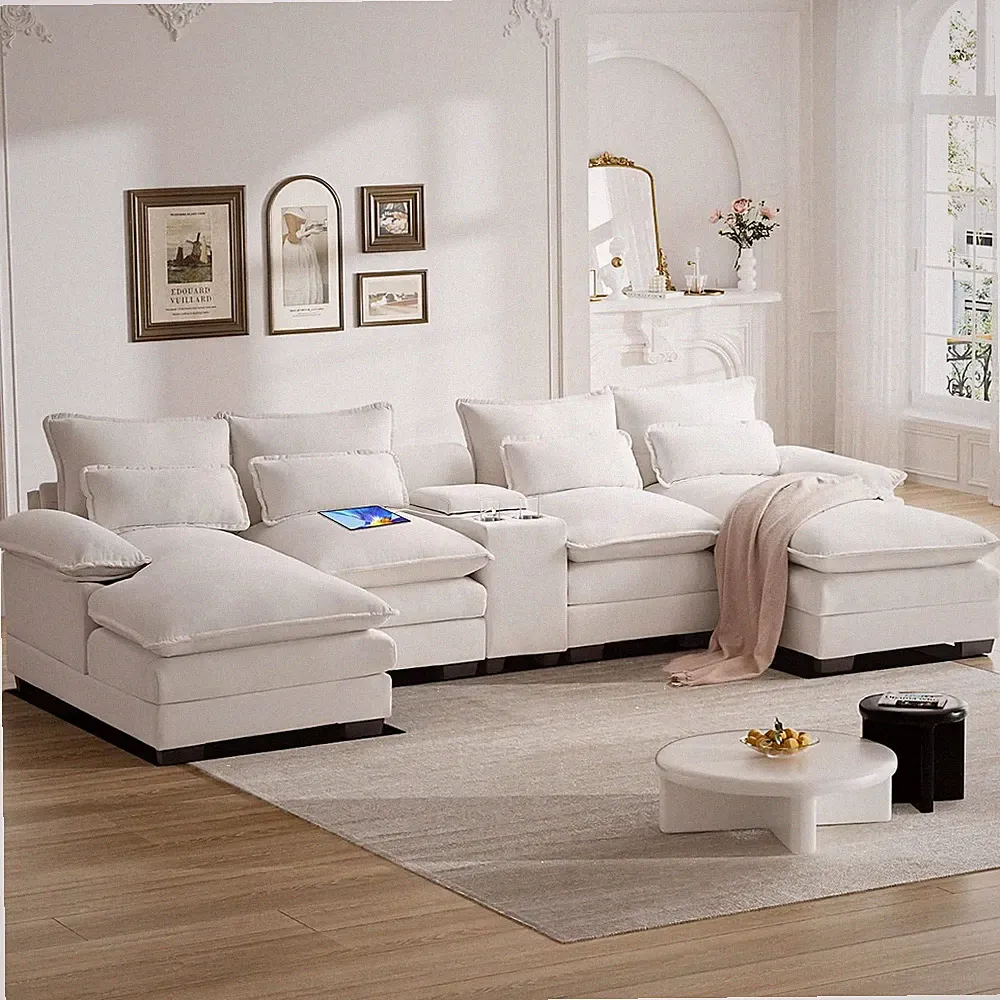 124" U Shaped Cloud Couch Sectional Sofa with Chaise Lounge, Cream White | U Sha