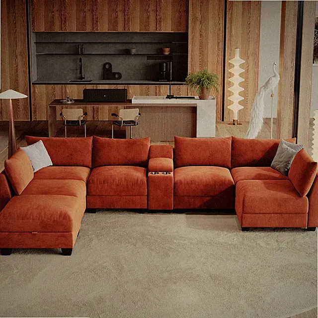 124" U-Shaped Modular Sectional Sofa, 7-Seater Cloud Couch with Ottoman & USB