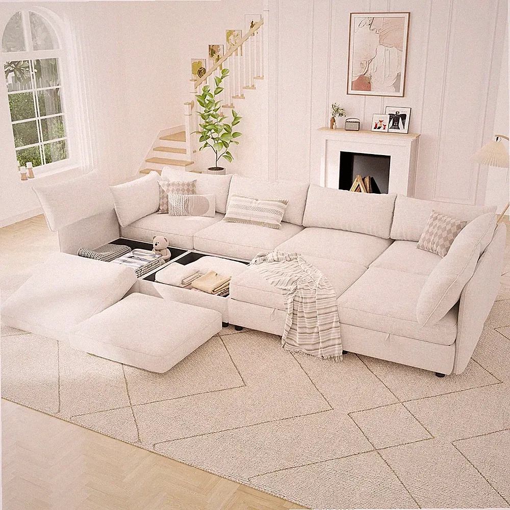 125" Chenille Modular Sectional Sofa Bed Hidden Storage, Convertible L U Shaped