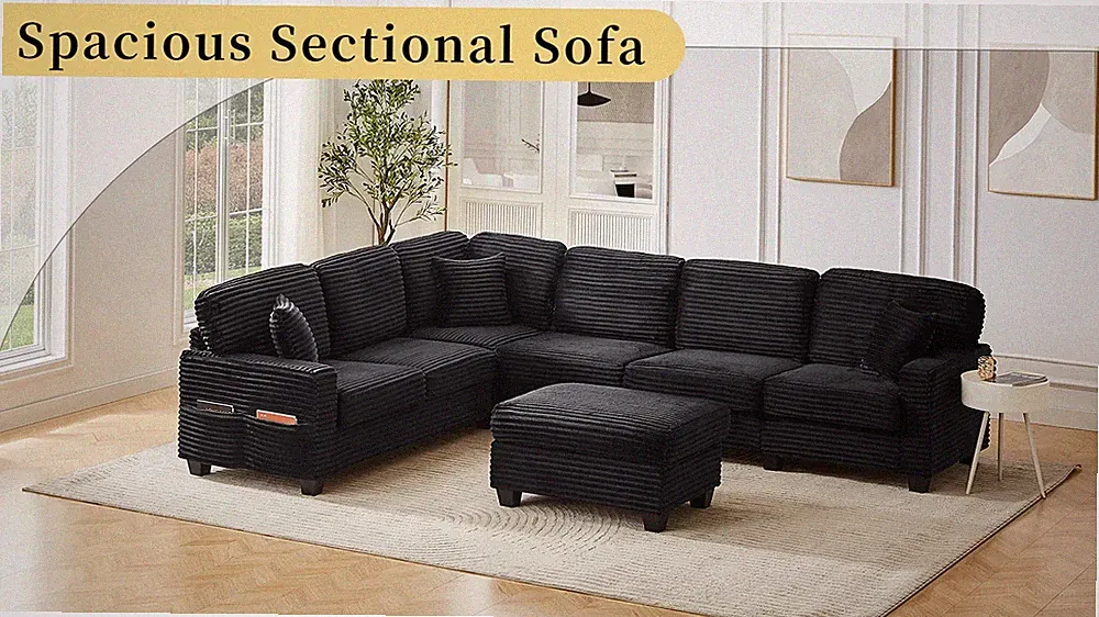 125 Inch Modular Sectional Sofa with Movable Ottoman and Side Pockets Black