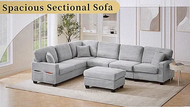 125 Inch Modular Sectional Sofa with Movable Ottoman and Side Pockets Grey