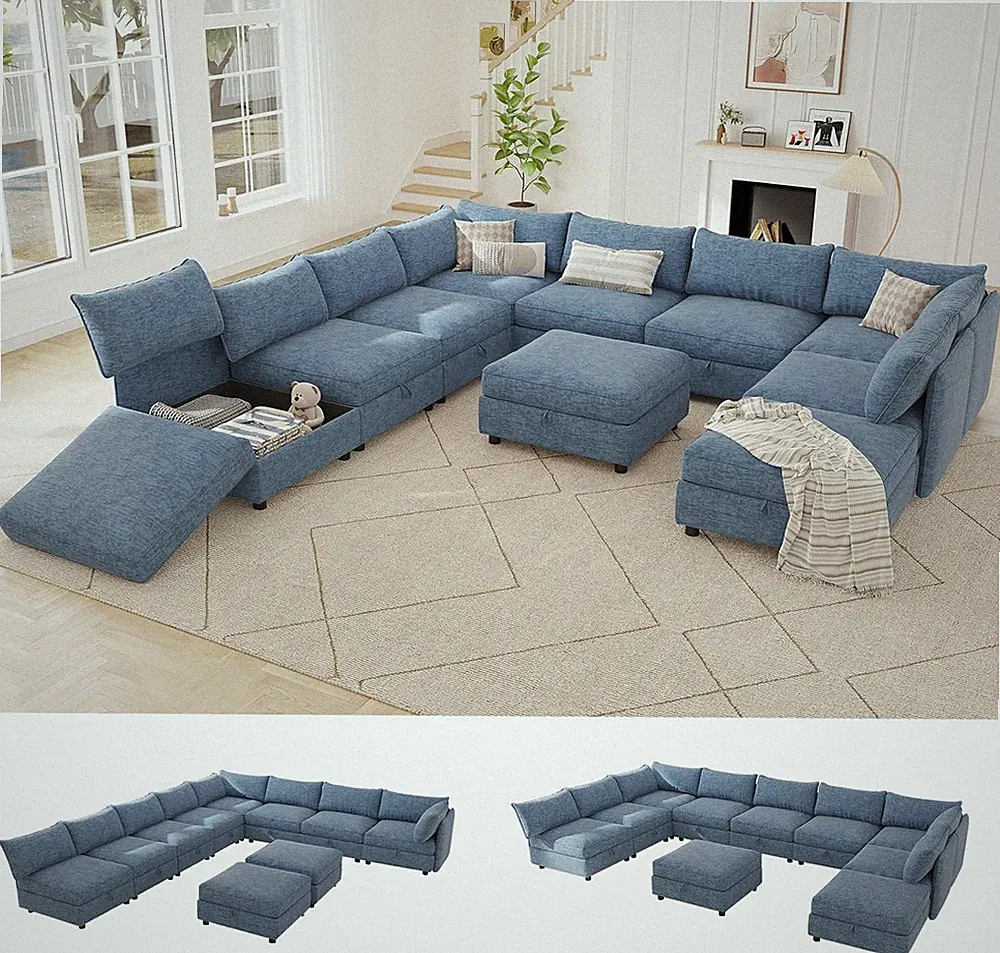 125'' Modular Sectional Sofa,10 Seat Chenille Sectional Sofa with Removable Cove