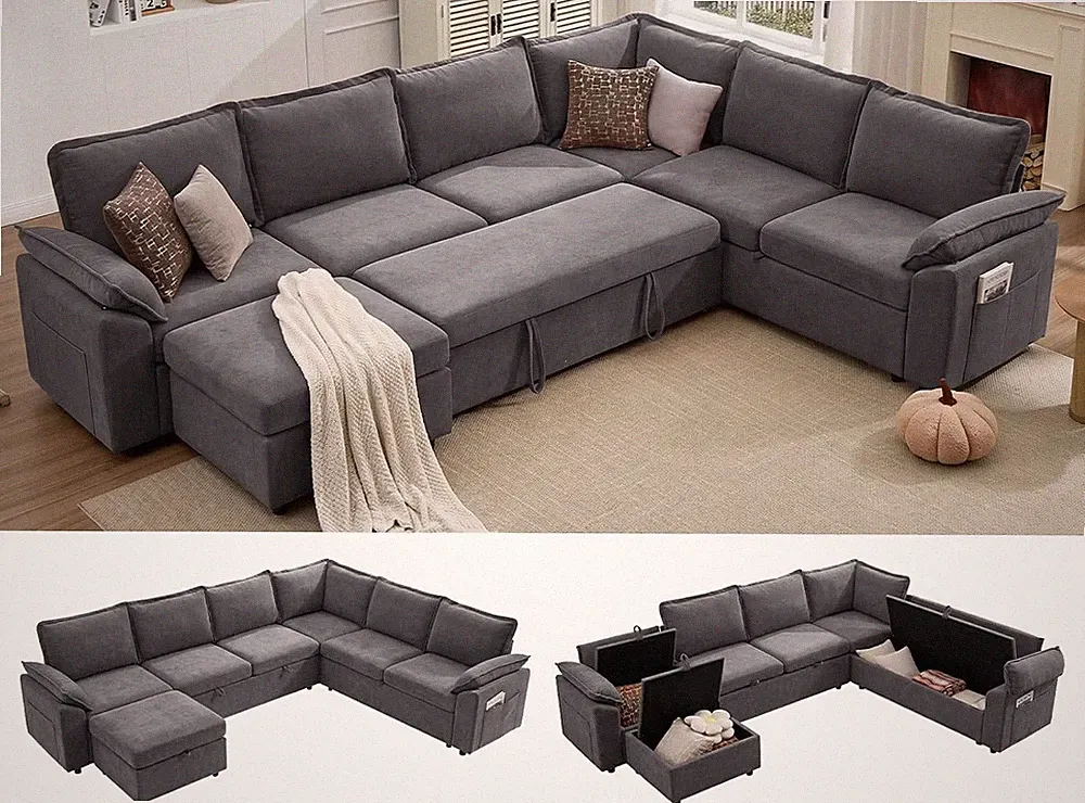 125" Oversized 7 Seat Sectional Sleeper Sofa for Living Room, Grey
