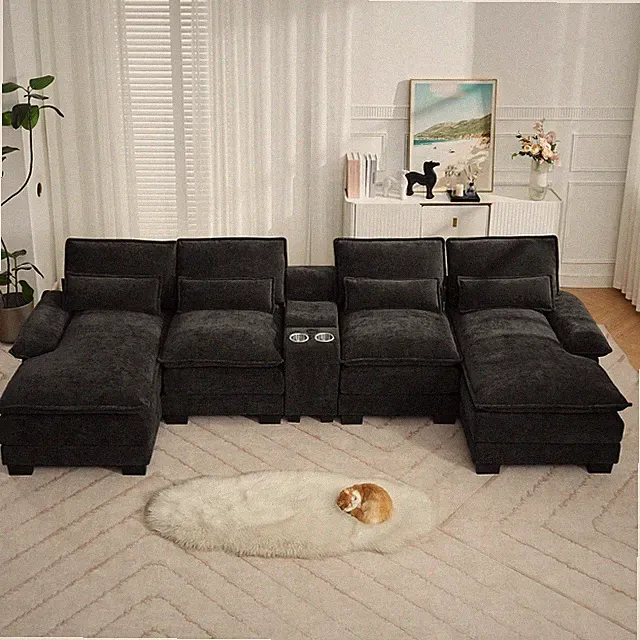 125 U Shaped Cloud Modular Sofa Chaise Chenille Storage USB Cup Holders Black