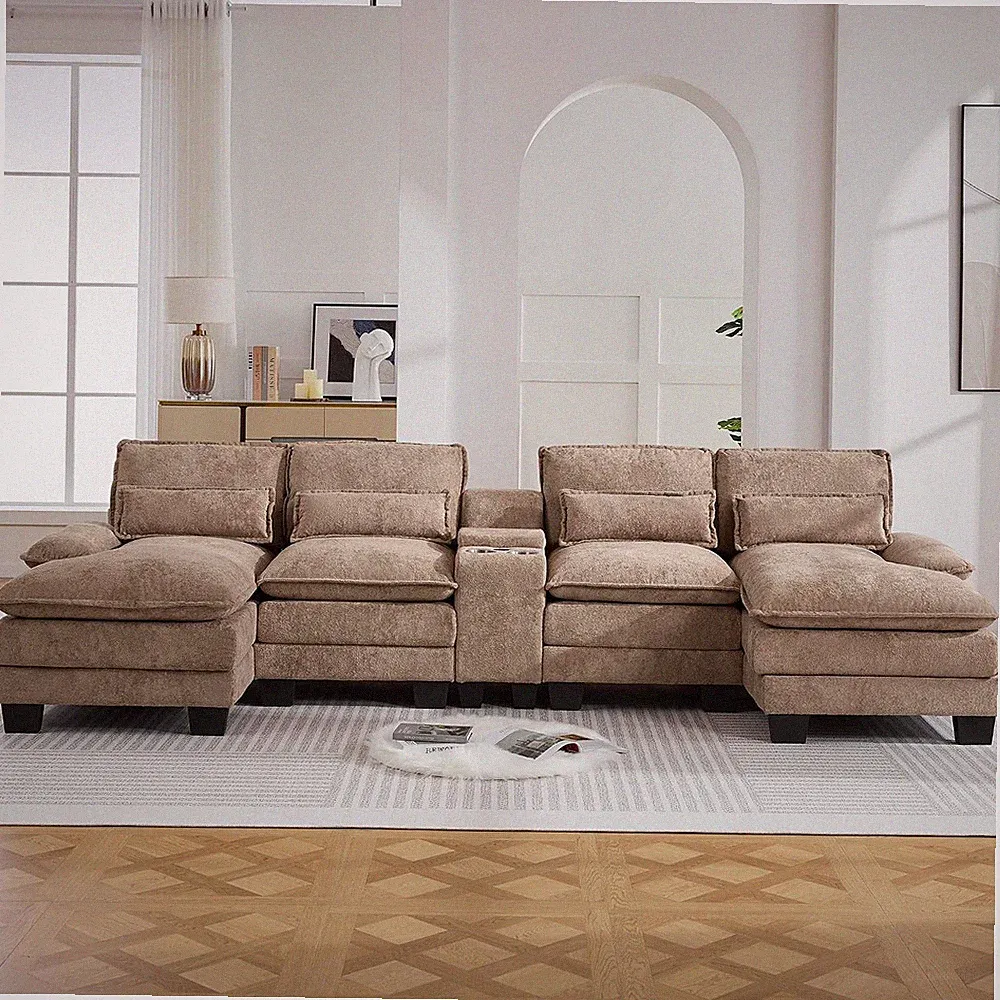 125" U Shaped Small Sectional Sofa with Chaise, USB & Cup Holders
