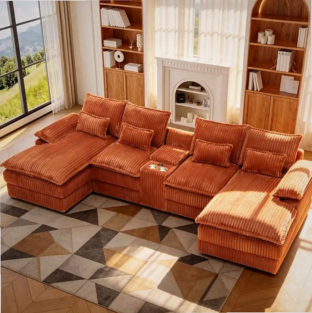 125inch Modular Sectional Sofa, Corduroy U-Shaped Cloud Couch with Storage & USB
