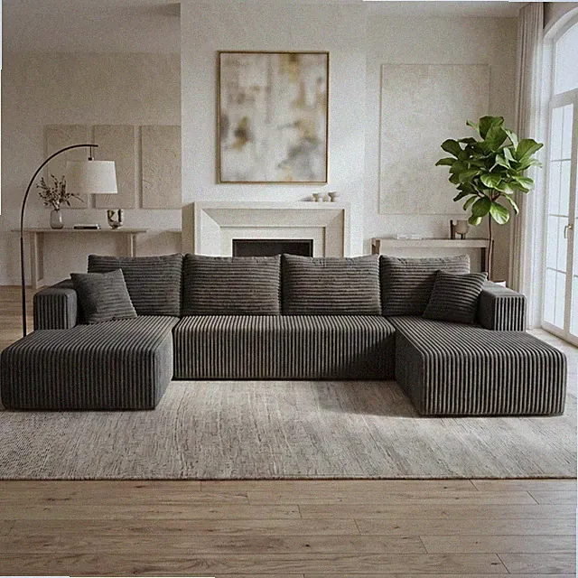 126" Boneless Couch Sectional Cloud Sofa Corduroy U Shaped Sofa Chaise US Stock