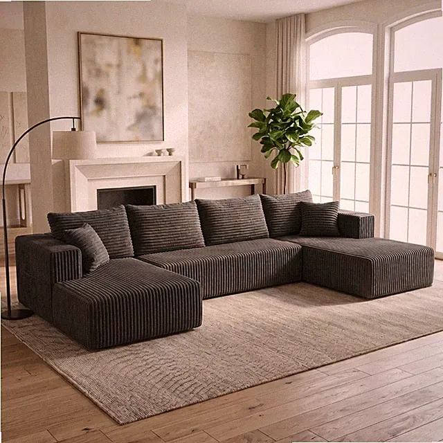 126" Boneless Couch Sectional Cloud Sofa Corduroy U Shaped Sofa Chaise US Stock