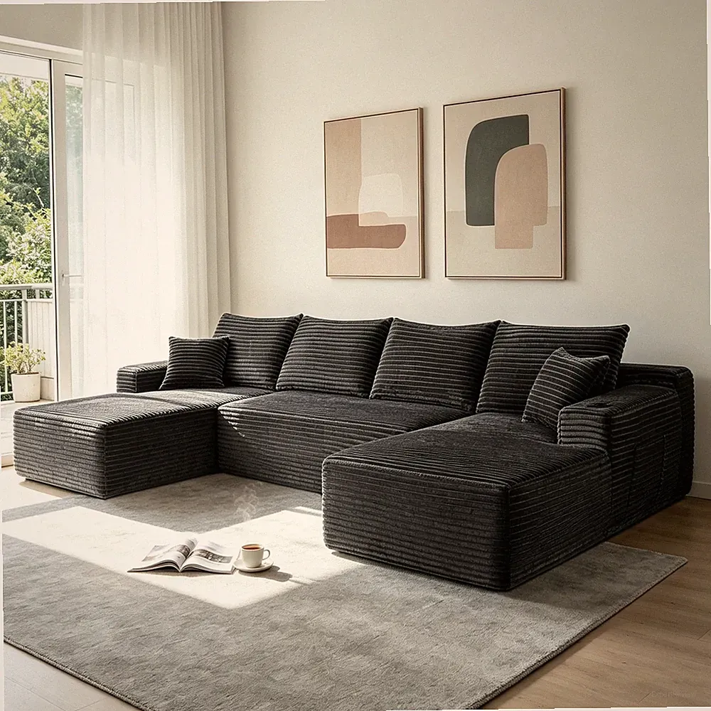 126" Cloud Sectional Sofa U-Shape Chaise Plush Grey No Assembly