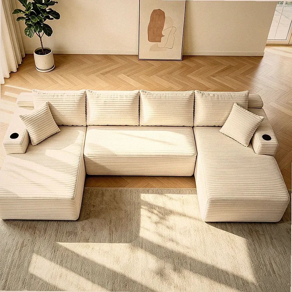 126" Cloud Sectional Sofa w/U-Shape Chaise and Side Pockets and Cup holder