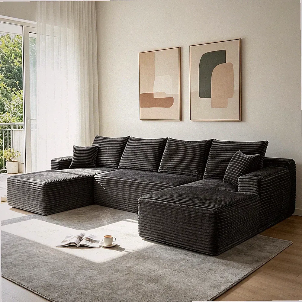 126" Cloud Sectional Sofa w/U-Shape Chaise and Side Pockets and Cup holder ,M