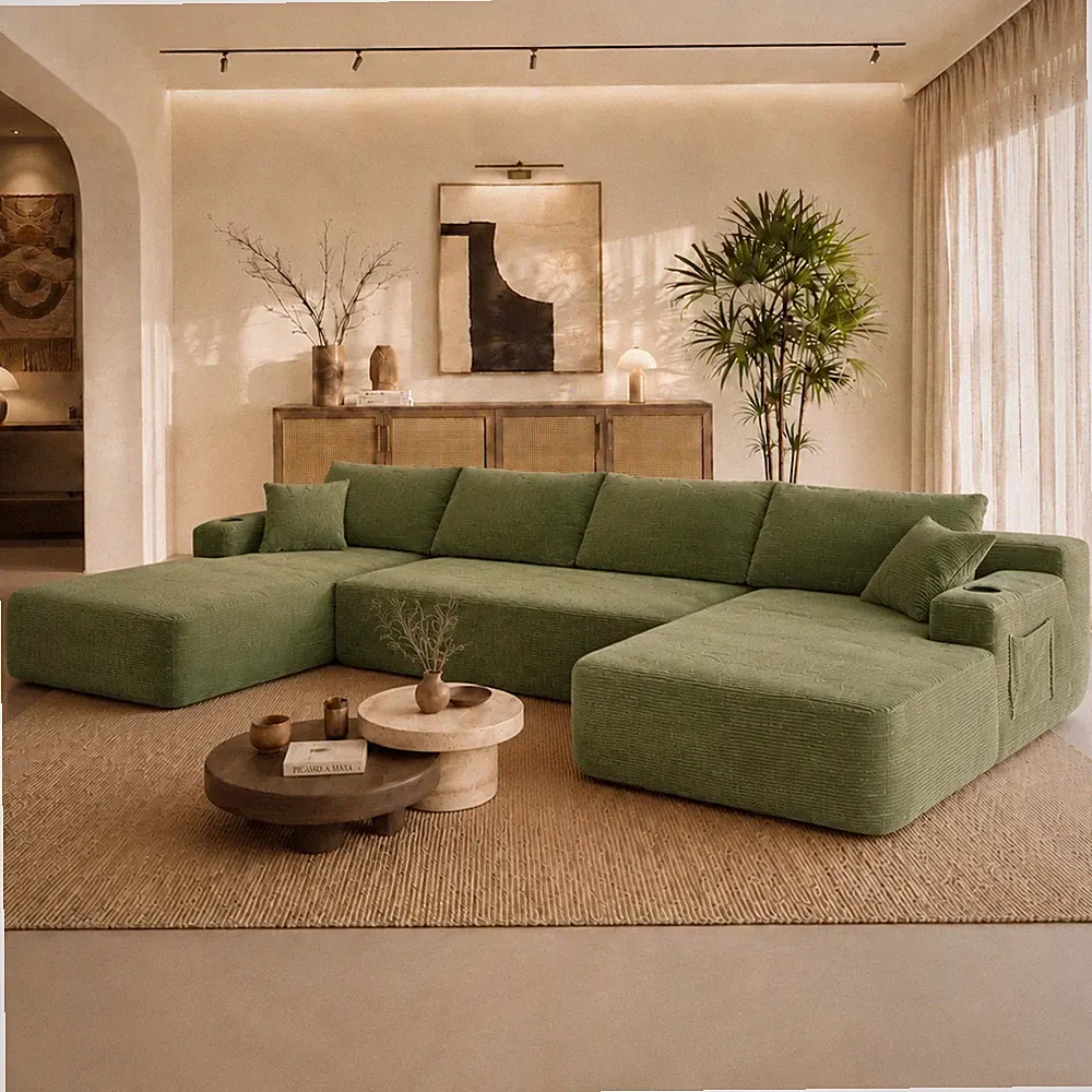 126" Cloud Sectional Sofa w/U-Shape Chaise and Side Pockets and Cup holder ,Mod