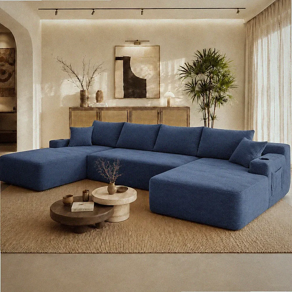 126" Cloud Sectional Sofa w/U-Shape Chaise and Side Pockets and Cup holder ,Mode
