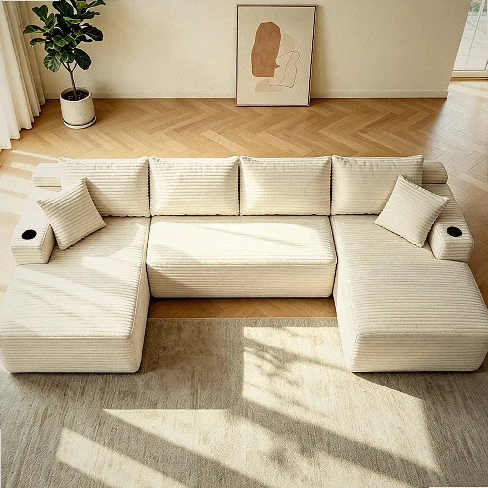 126" Cloud Sectional Sofa with U-Shape Chaise and Side Pockets and Cup Holder