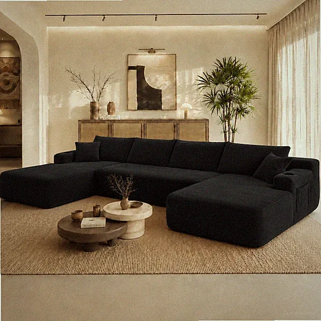 126" Cloud Sectional Sofa with U-Shape Chaise, Corduroy, Black