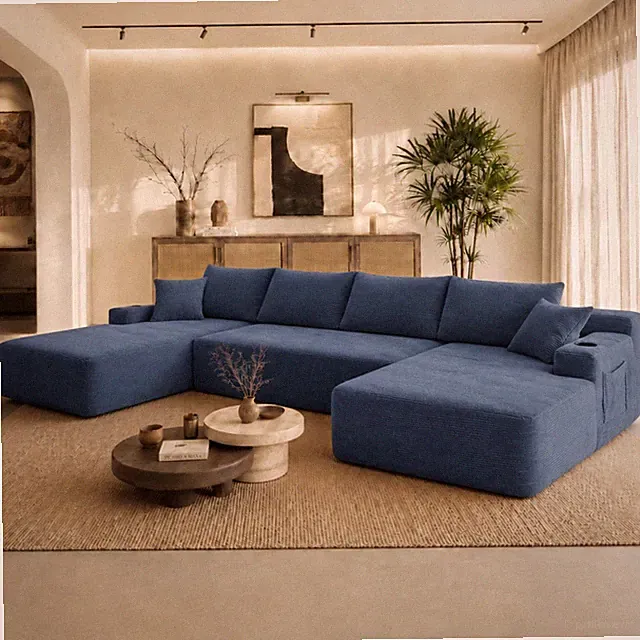 126" Cloud Sectional Sofa with U-Shape Chaise, Corduroy Blue