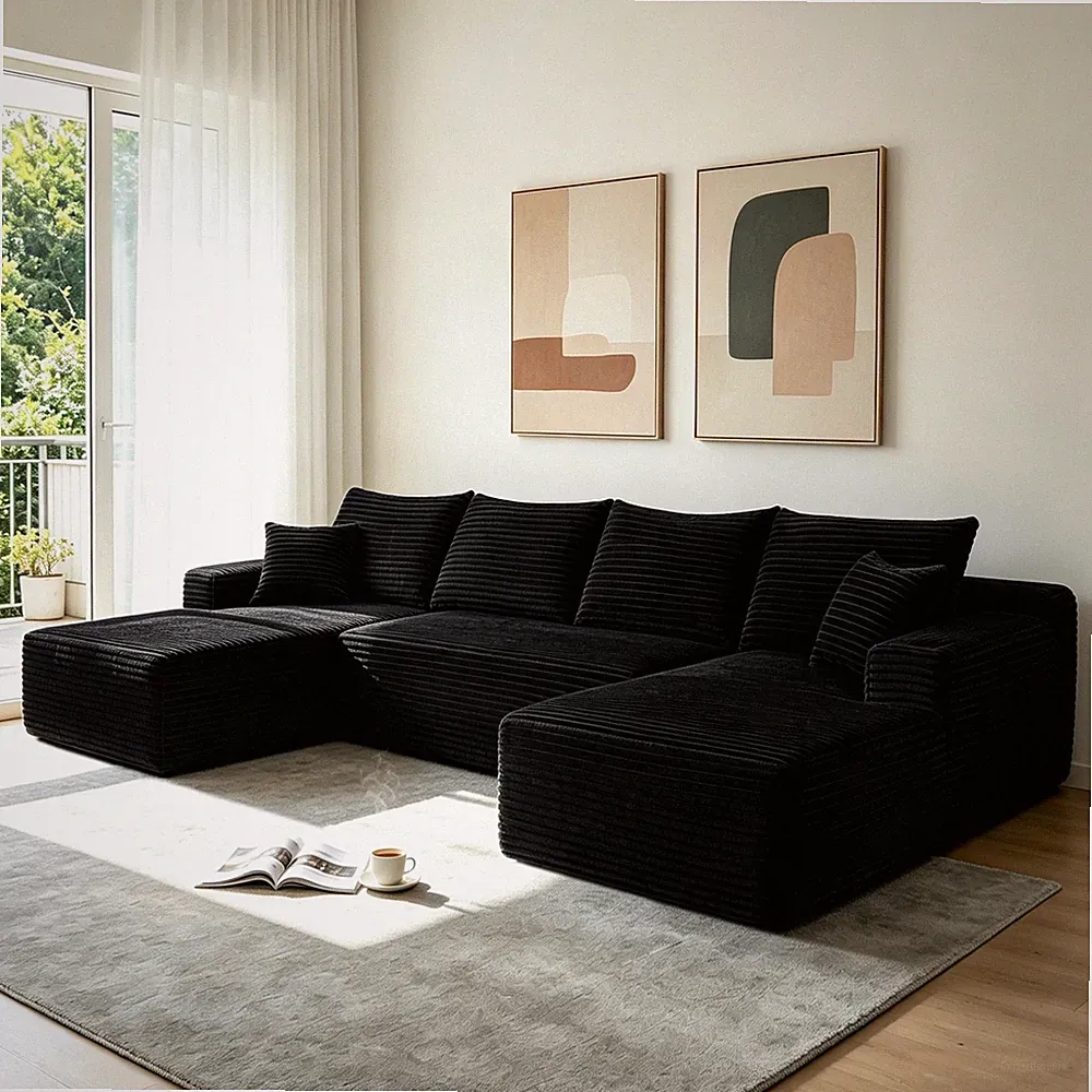 126" Cloud Sectional Sofa with U-Shape Chaise, Plush Black