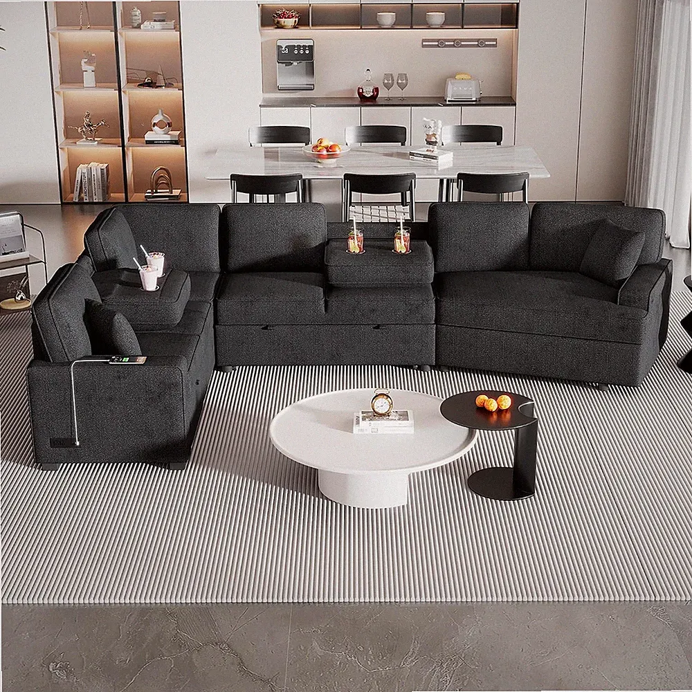 126-Inch L-Shaped Sectional Sofa Couch Pull-Out Sofa Bed, Modern Upholstered Cor