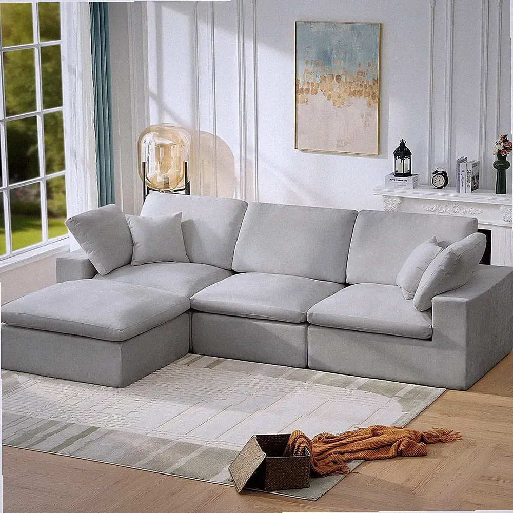 126" Modular Cloud Couch Sectional, 4-Seater Velvet L-Shaped Boneless Sofa with