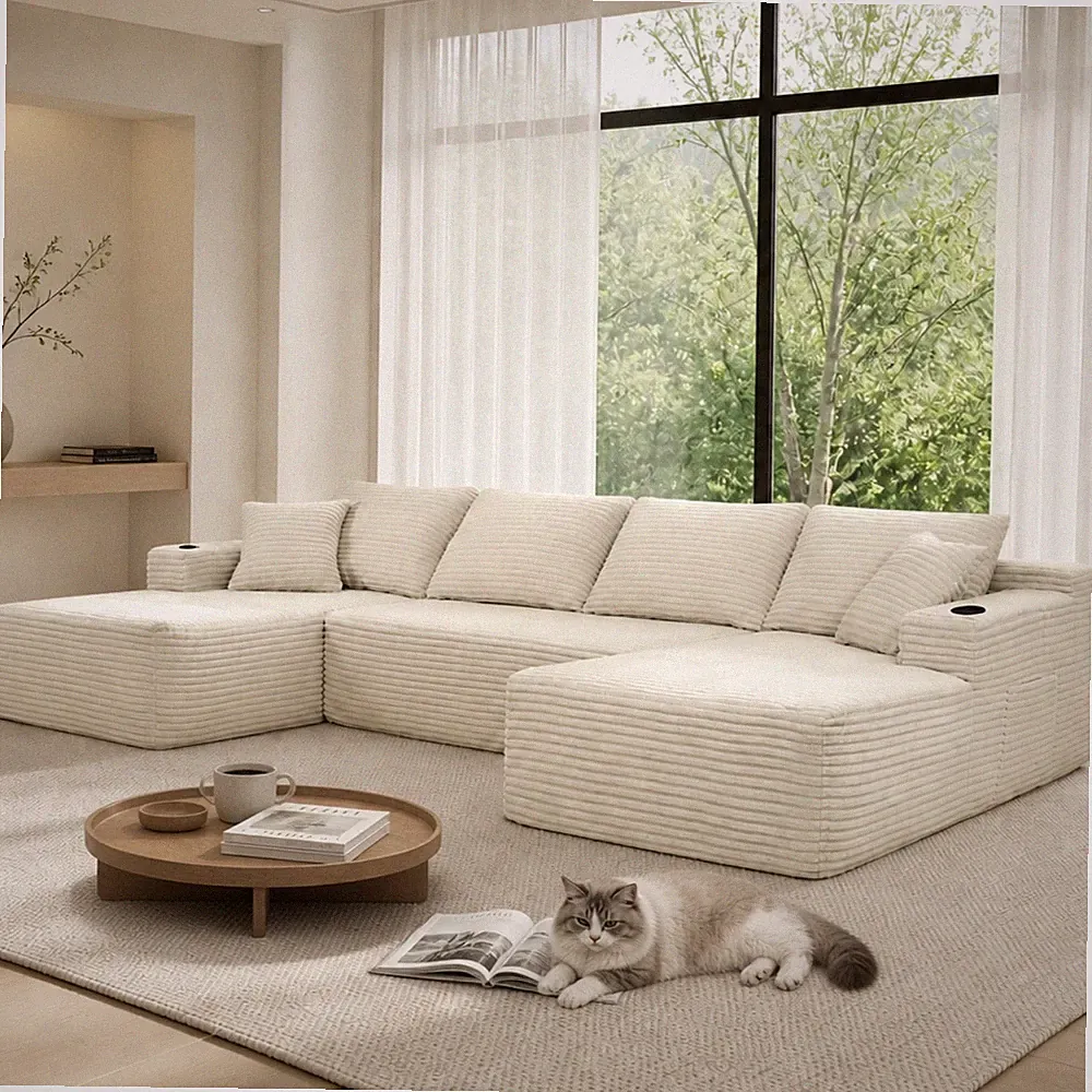 126" U-Shape Sectional Sofa with Chaise, Plush Beige Fabric, 5-Seat