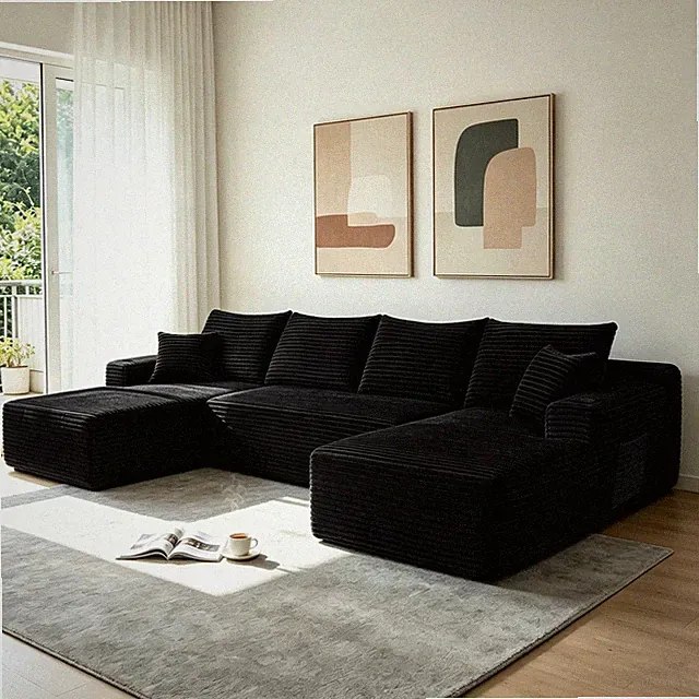 126" U-Shape Sectional Sofa with Chaise, Plush Fabric, Black