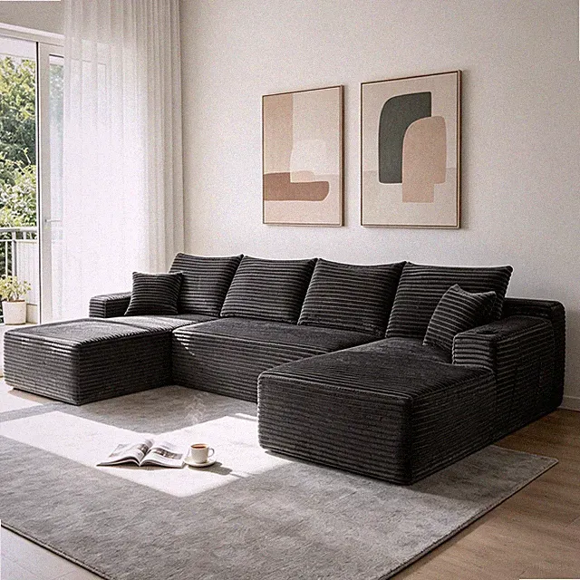 126" U-Shape Sectional Sofa with Chaise, Plush Grey Fabric, 5-Seat