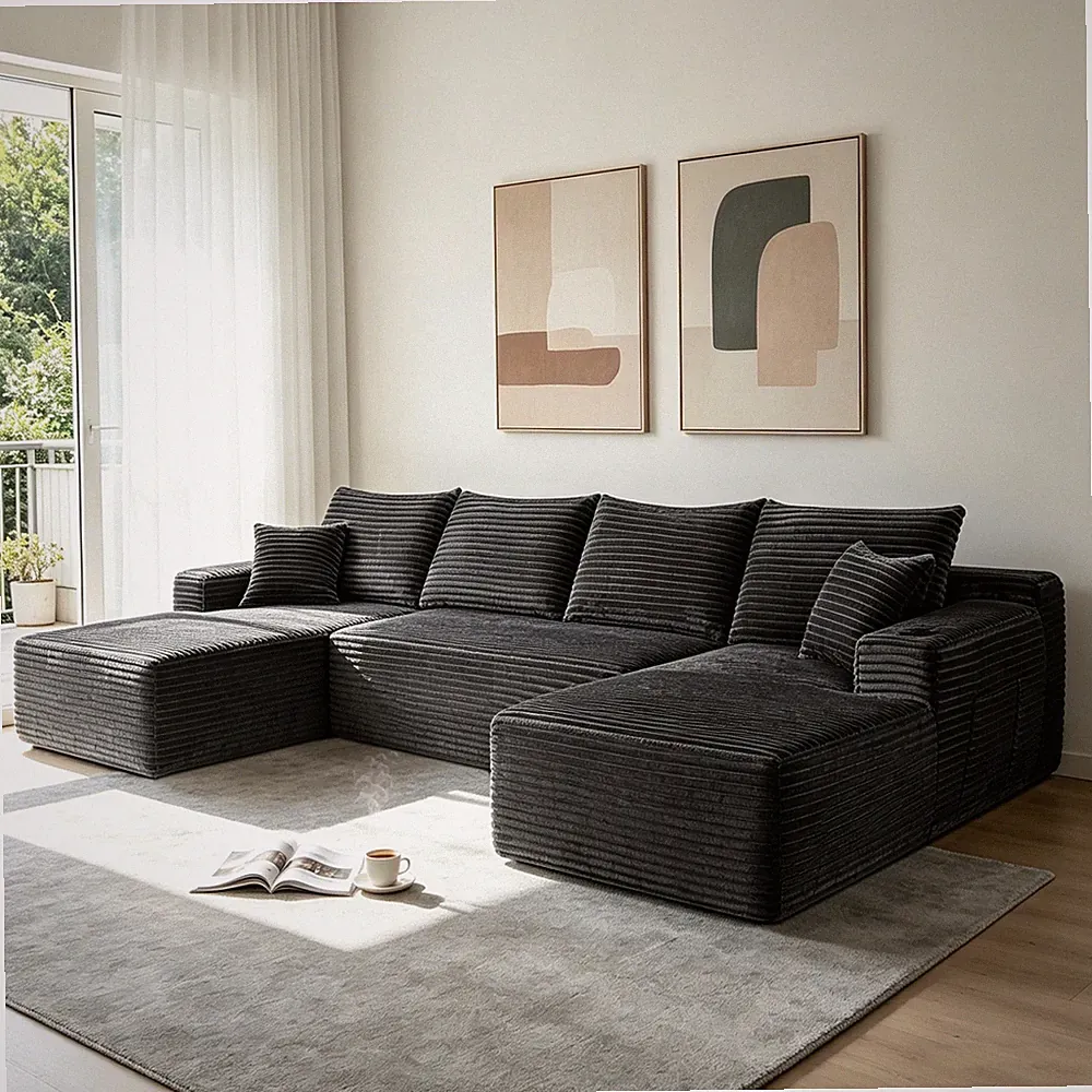 126" U-Shape Sectional Sofa with Chaise, Plush Grey Fabric, No Assembly