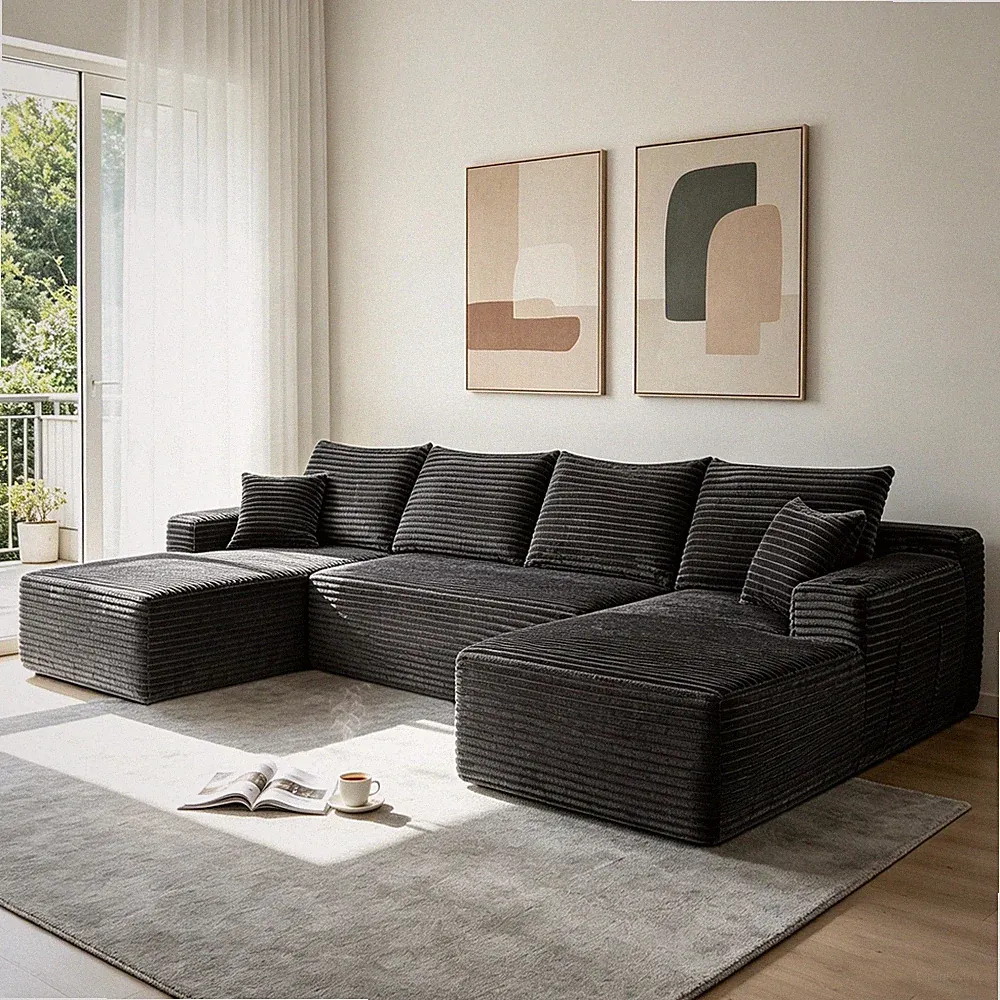 126" U-Shape Sectional Sofa with Chaise, Plush Grey, No Assembly