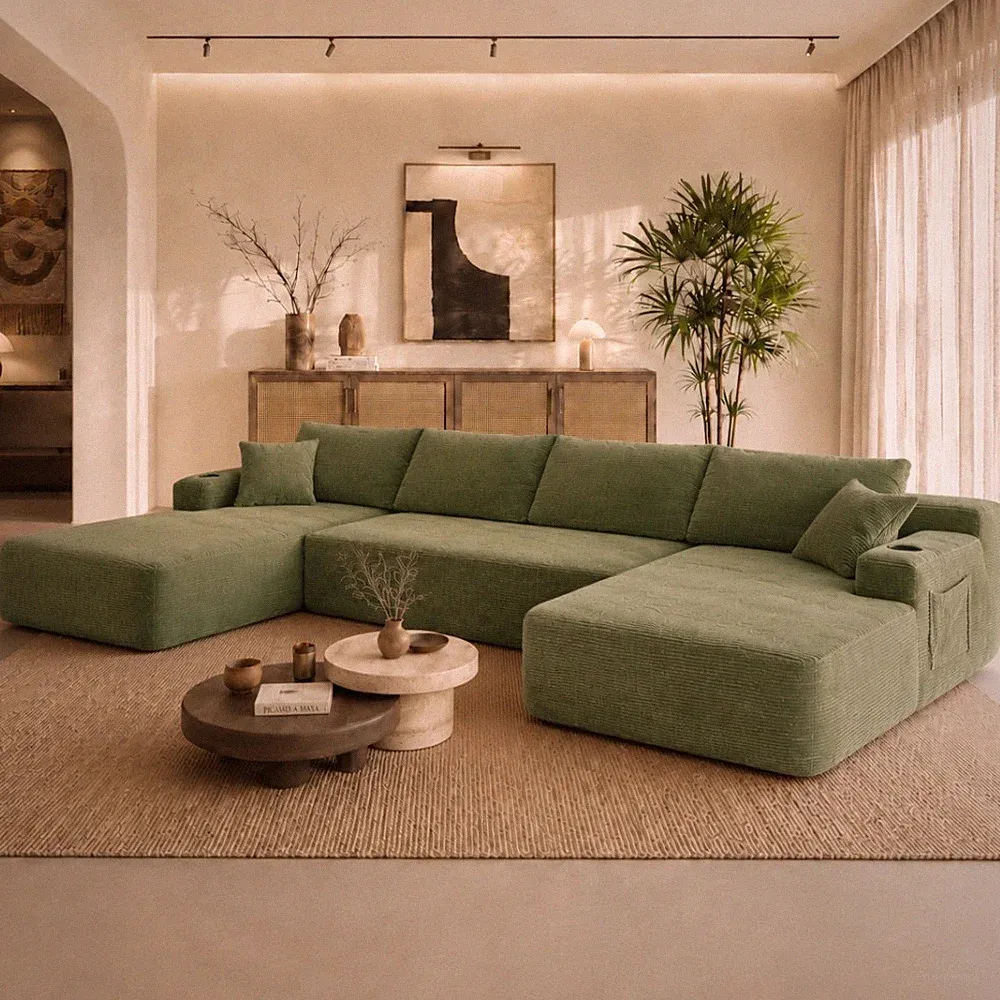 126" U-Shape Sectional Sofa with Chaise, Side Pockets, Cup Holder