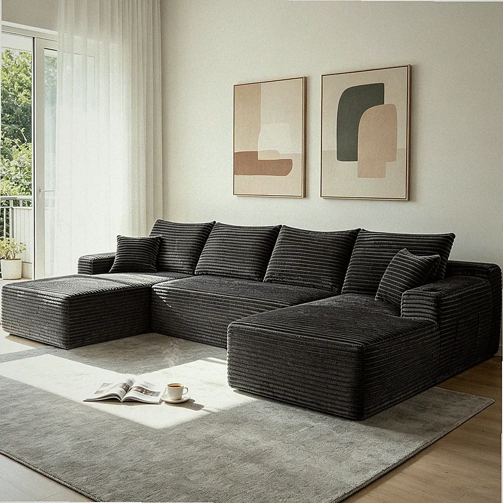 126" U-Shape Sectional Sofa with Chaise, Side Pockets, Cup Holder, Grey