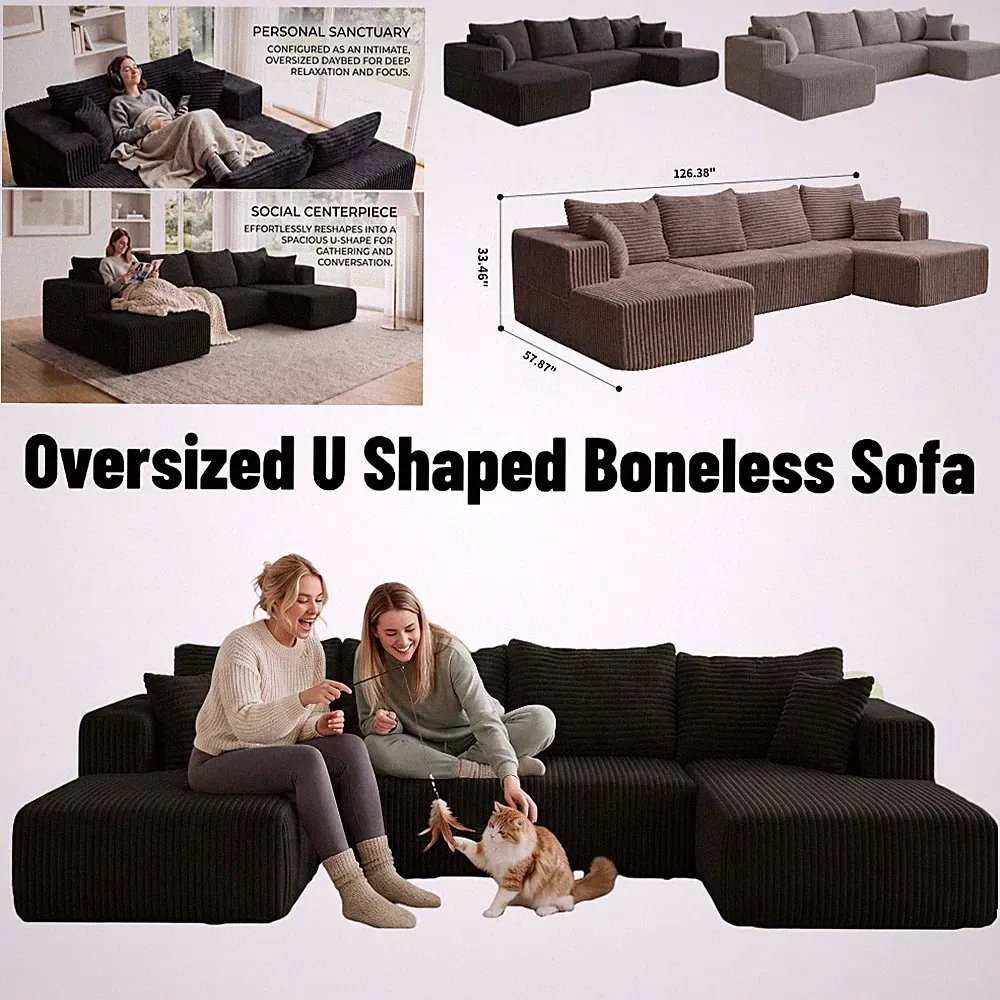 126" U Shaped Sectional Boneless Couch for Living Room 4Seat Corduroy Cloud Sofa