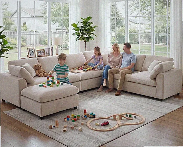 126" V-Shaped Modern Sofa Modular Sectional Cloud Couch with Ottoman, 7-Seater D
