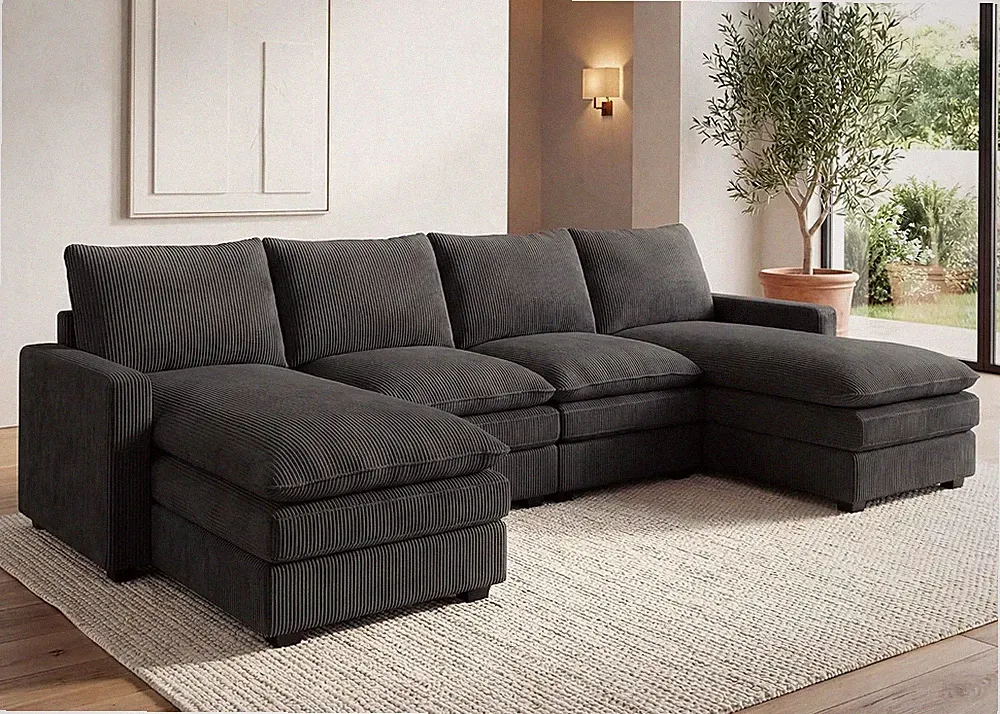 127.2 Inch Corduroy Cloud Modular Sectional Sofa with Chaise, Deep Seat U-Shaped