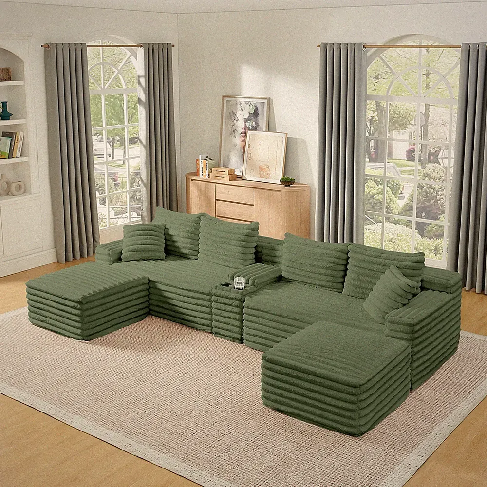 127" Cloud Couch Sectional,Modular Sofa w/Cup Holder,2 Ottoman and USB Ports