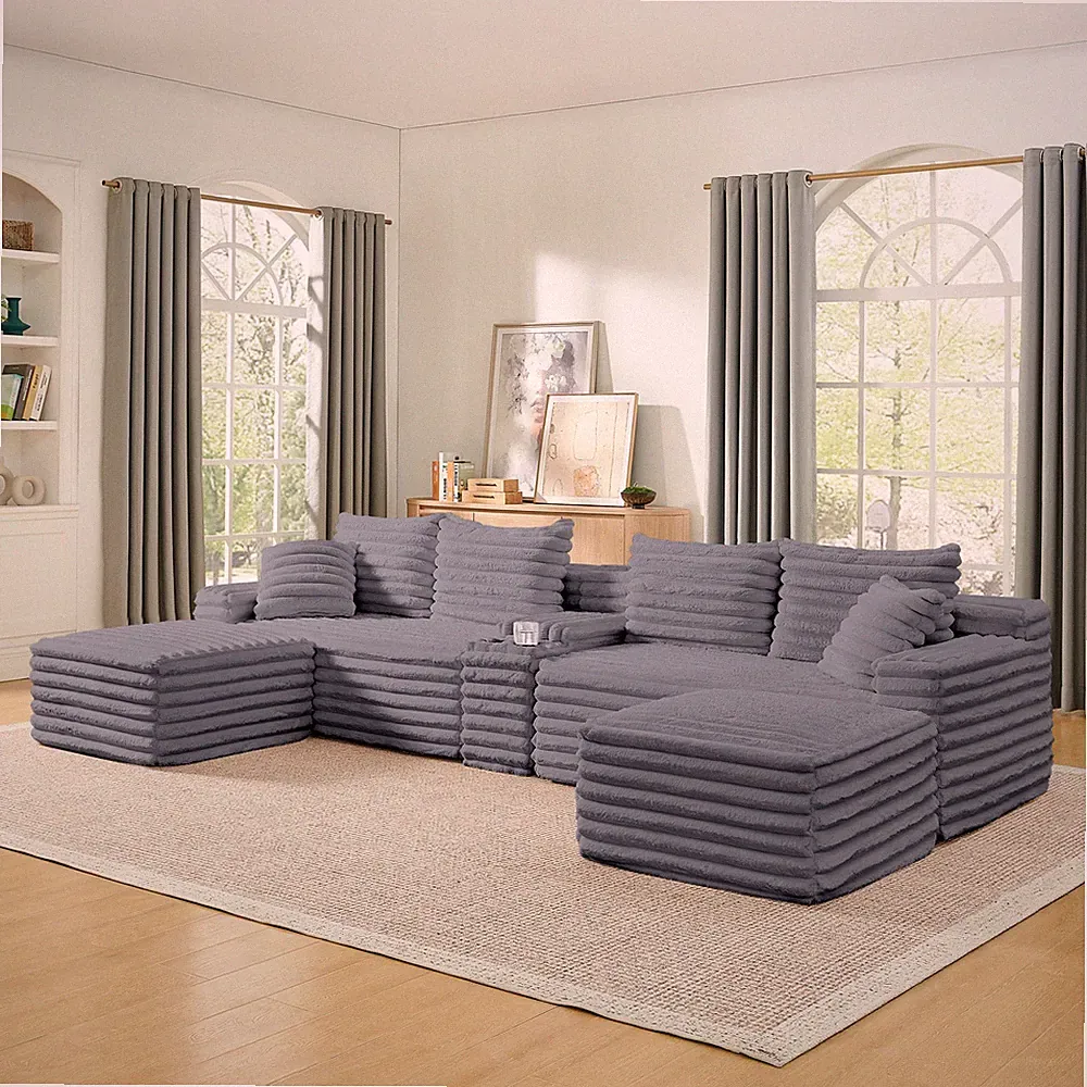 127" Cloud Couch Sectional,Modular Sofa w/Cup Holder,2 Ottoman and USB Ports,C