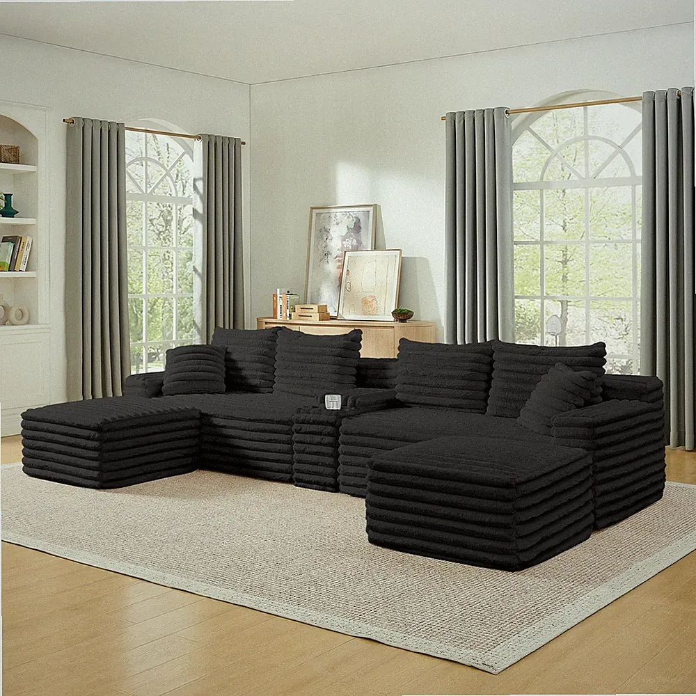 127" Cloud Couch Sectional,Modular Sofa w/Cup Holder,2 Ottoman and USB Ports,Co