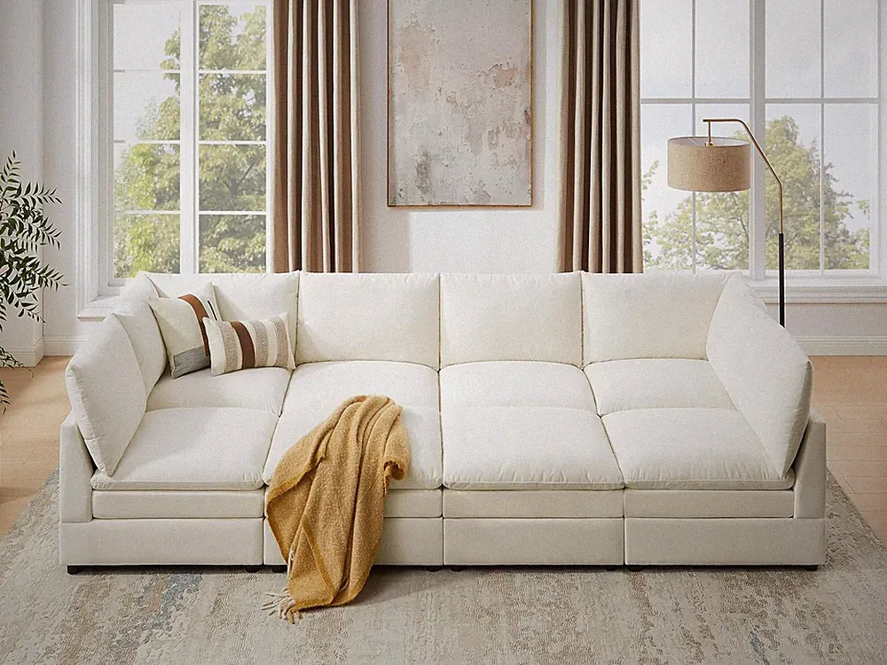 127" Cloud Modular Sectional Sofa Couch with Ottoman, Ivory White