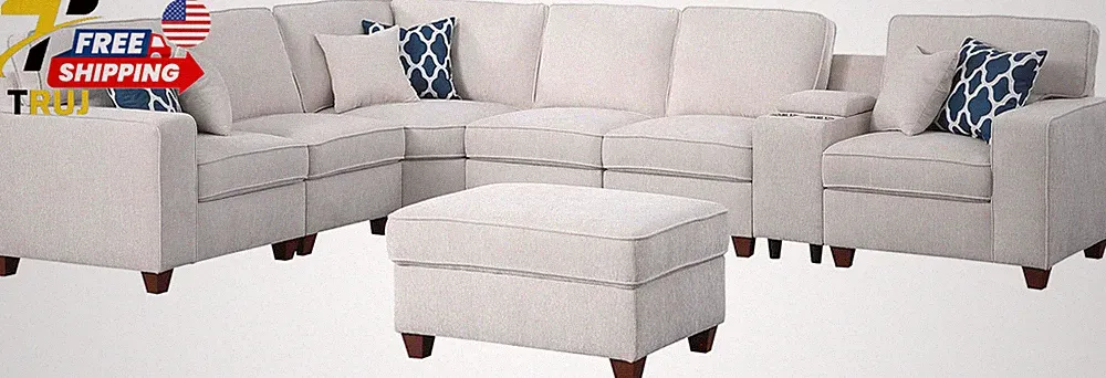 127" L Shaped Sectional Couches for Living Room with Movable Ottoman 2 Cup Holde