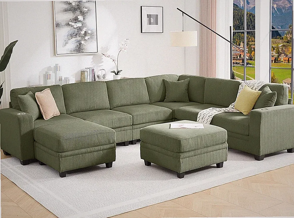 127" Modular Sectional Couch with Storage, Corduroy 8-Seater V Shaped Sofa with