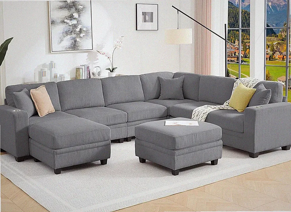 127" Modular Sectional Couch with Storage, Corduroy 8-Seater V Shaped Sofa with