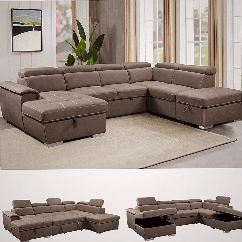127in Microfiber Oversize U Shaped Sectional Sleeper Sofa Couch with Pullout Bed