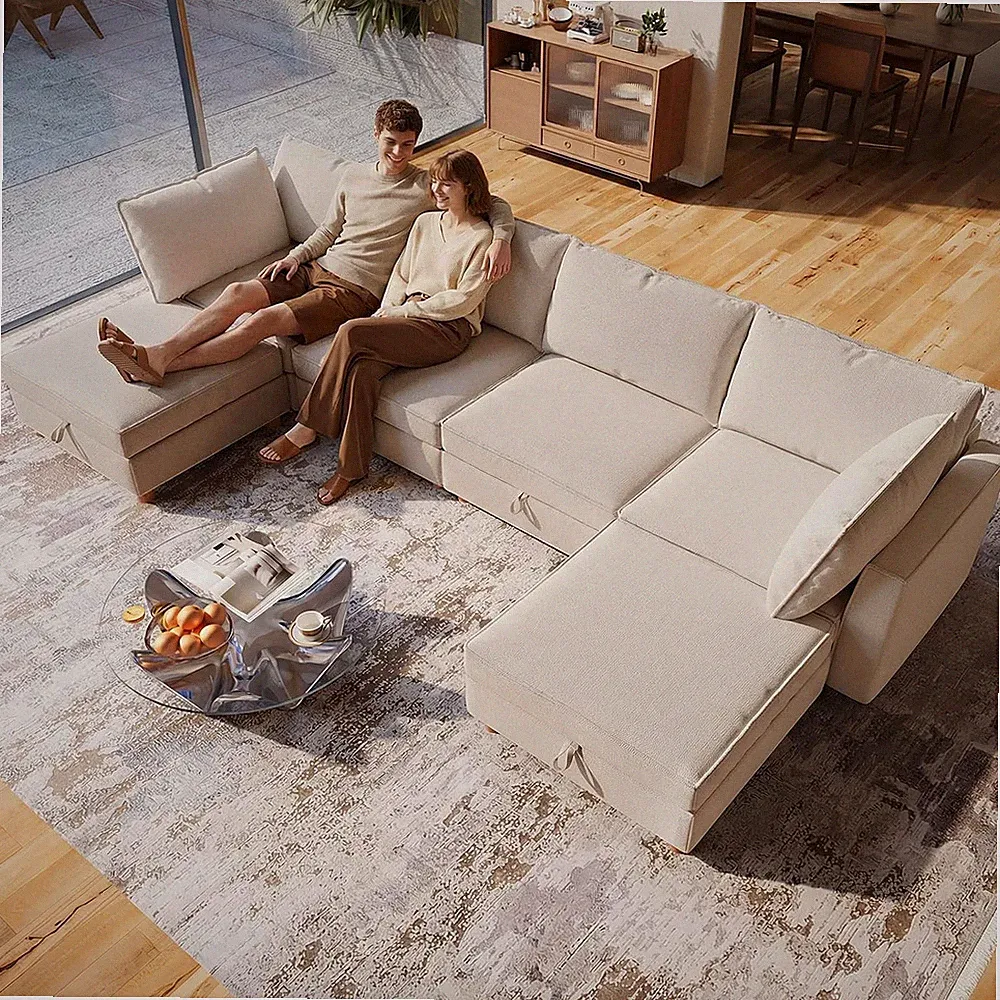 128" 6 Seat Modular Sectional Sofa with Storage, Sturdy Solid Wood Structure, Re