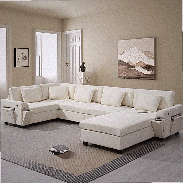 128*67" U Shaped Sectional Sofa,6 Seat Chenille Couch Set with Oversized Ottom