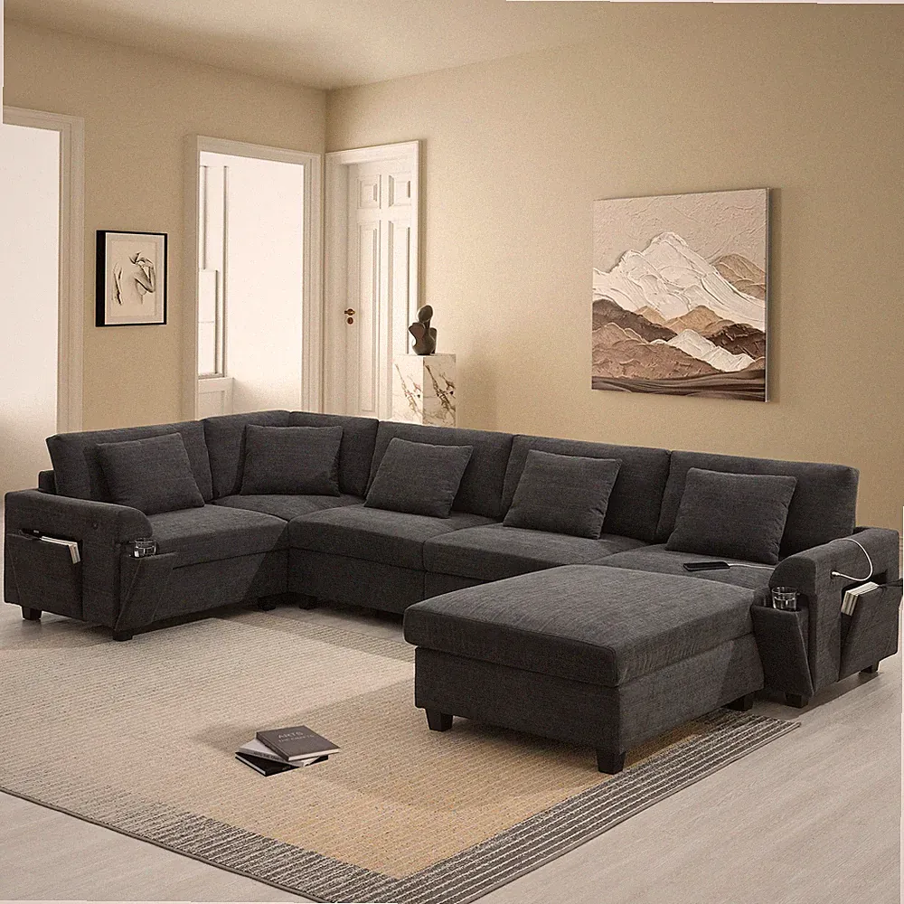 128*67" U Shaped Sectional Sofa,6 Seat Chenille Couch Set with Oversized Ottoma
