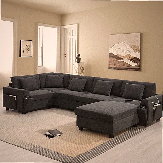 128*67" U Shaped Sectional Sofa,6 Seat Chenille Couch Set with Oversized Ottoman
