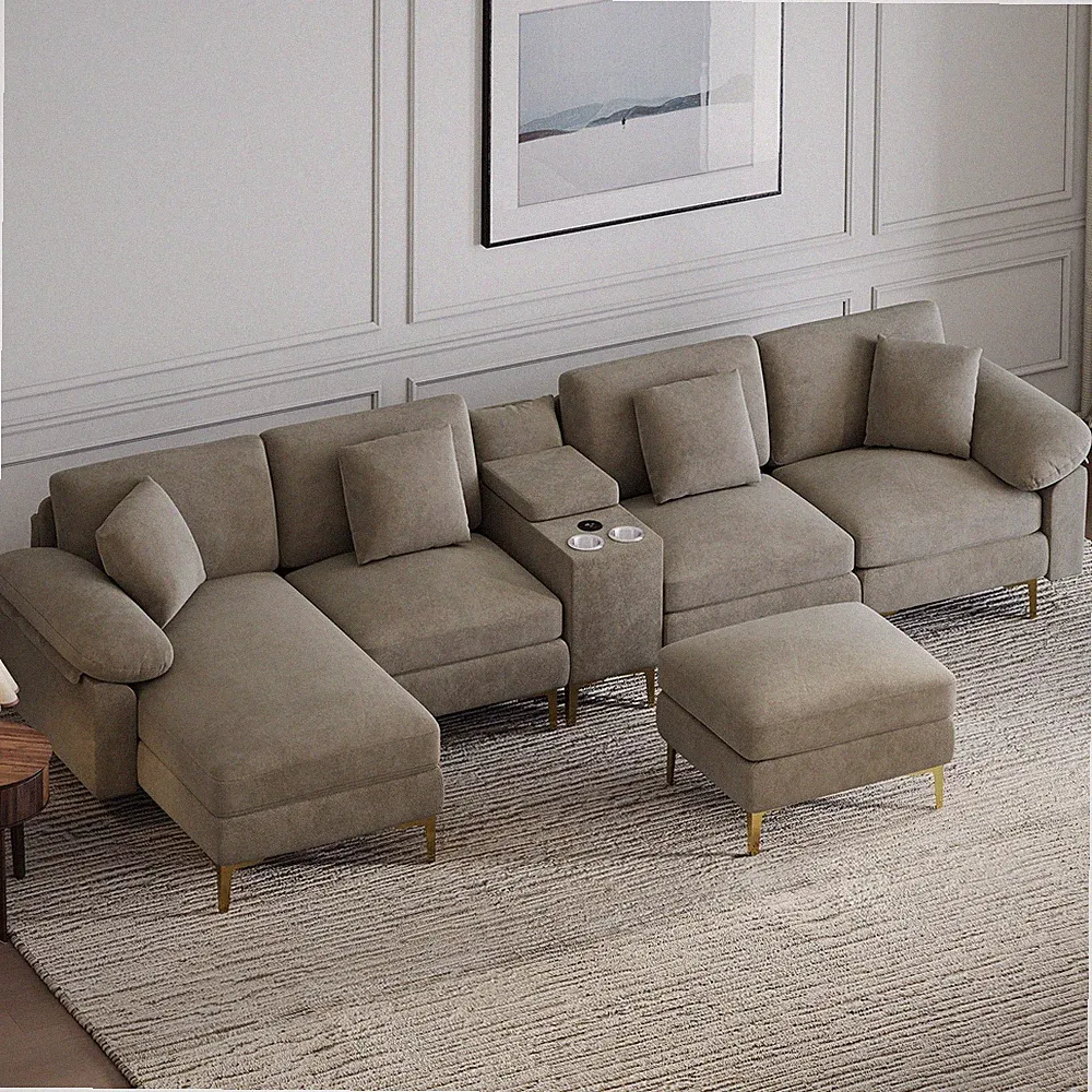 128" Chenille Modular Sectional Sofa Couch USB Cup Holders Storage Wide Arms