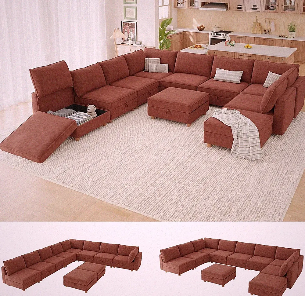 128" Chenille Modular Sectional Sofa with Hidden Storage & Washable Covers, Conv