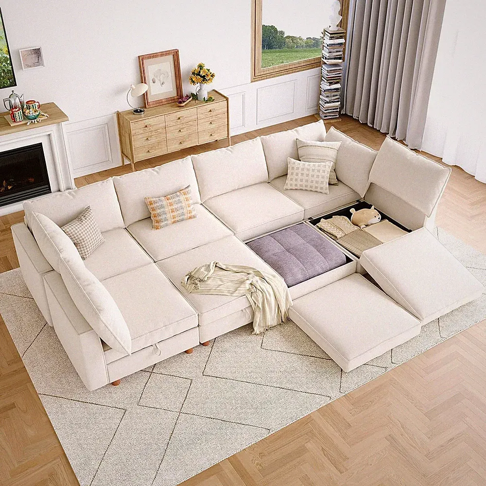 128 Inch 8 Seat Sleeper Couch Bed with Storage, Removable Washable Sofa Cover L